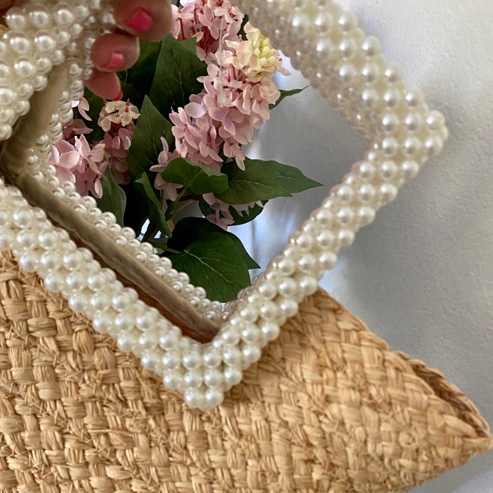Tan Woven Tote with Pearl Handles - Picture 2 of 3